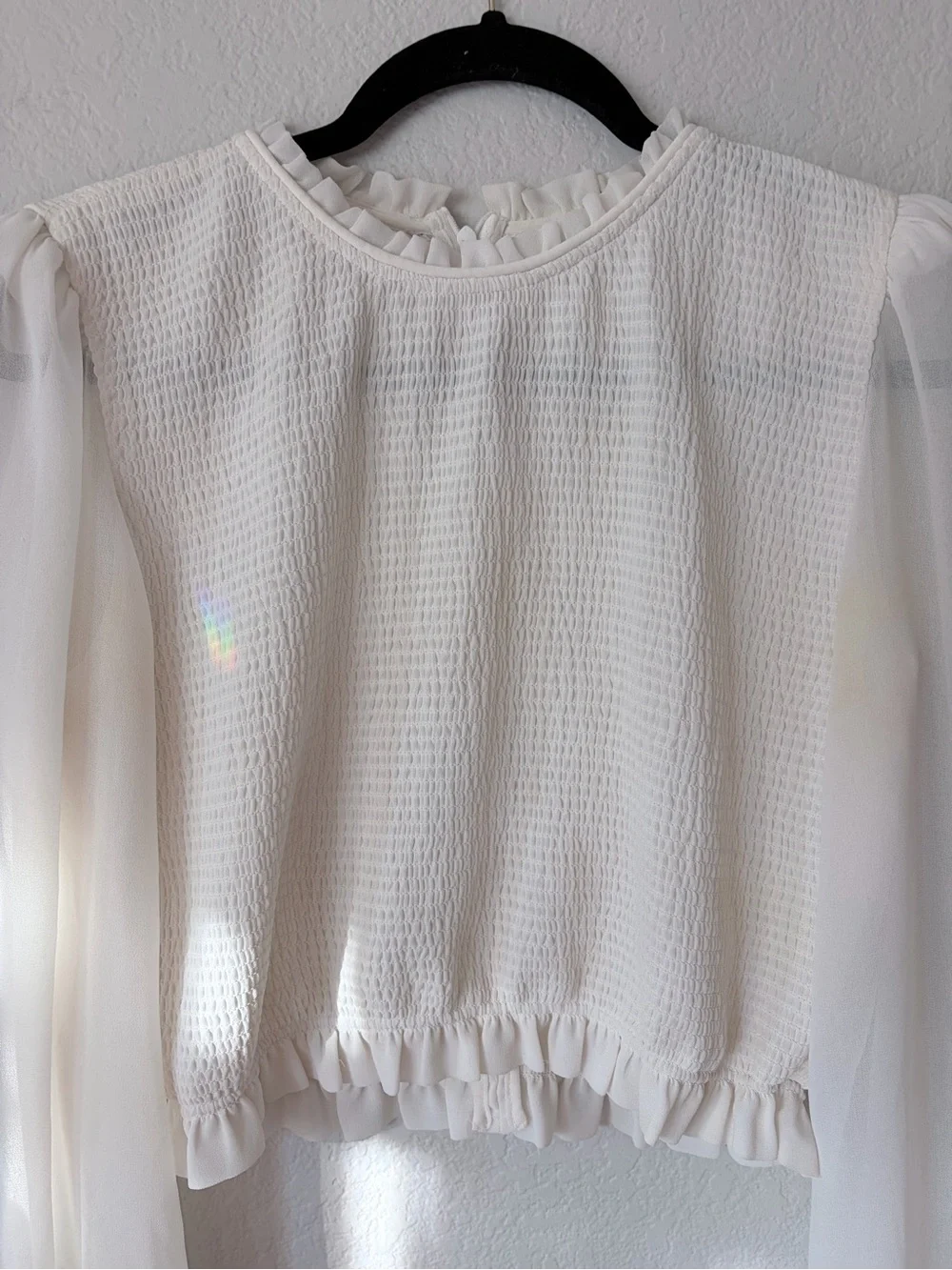 Aritzia Wilfred Cropped Blouse w/ Ruffled Top & Sheer LongSleeves in White -Sz M